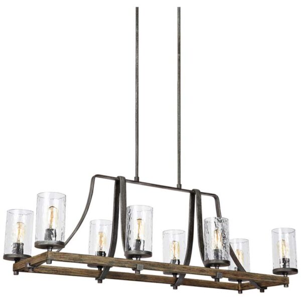 A long chandelier with a wooden frame and clear glass shades.