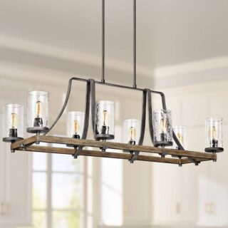 A modern farmhouse chandelier with eight clear glass shades hanging from a wooden frame.