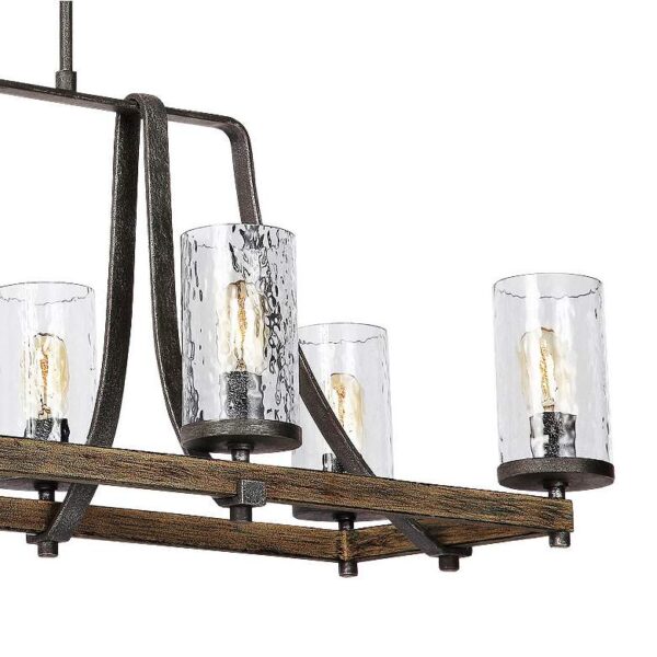 A chandelier with four clear glass shades and a wooden frame.