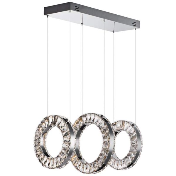 Modern pendant light with a chrome finish and four crystal rings.