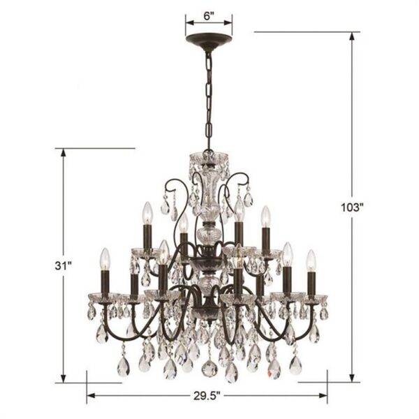 A product image of a chandelier with a drawing of its dimensions on a white background. The chandelier is made of crystals and has a round base. The drawing shows the chandelier's dimensions in inches.