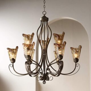 Golden bronze chandelier with amber art glass shades.