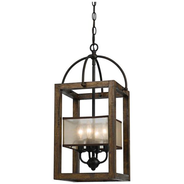 A product image of a Cal Lighting 4 Mission Wood/Metal Chandelier FX-3536/4. The chandelier is made of wood and metal and has a square frame. It is hanging from the ceiling in a white room. The chandelier has four lights, each with a clear glass shade.