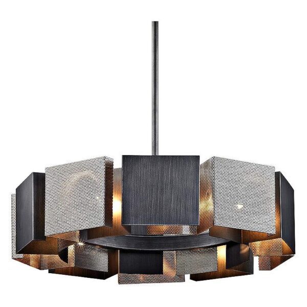 A black and gold chandelier with square shades hanging from the ceiling in a living room.