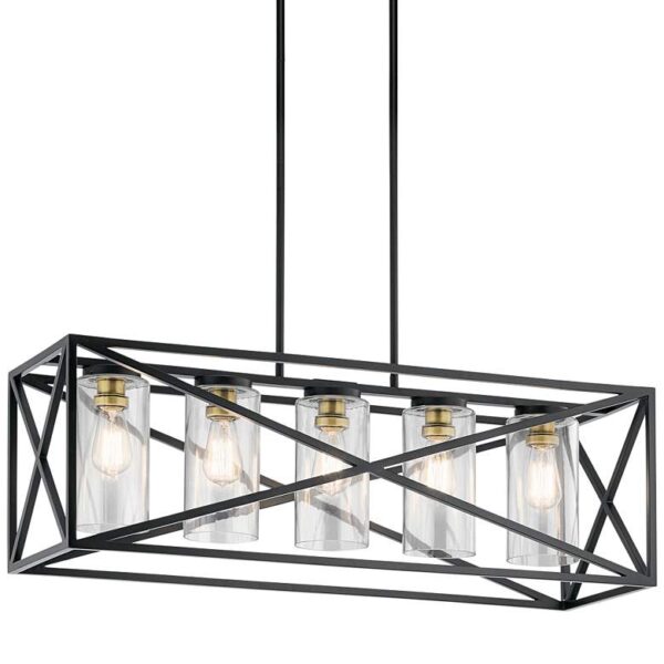 Black pendant light with clear glass shades hanging from a white ceiling.