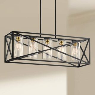 Black pendant light with clear glass shades.