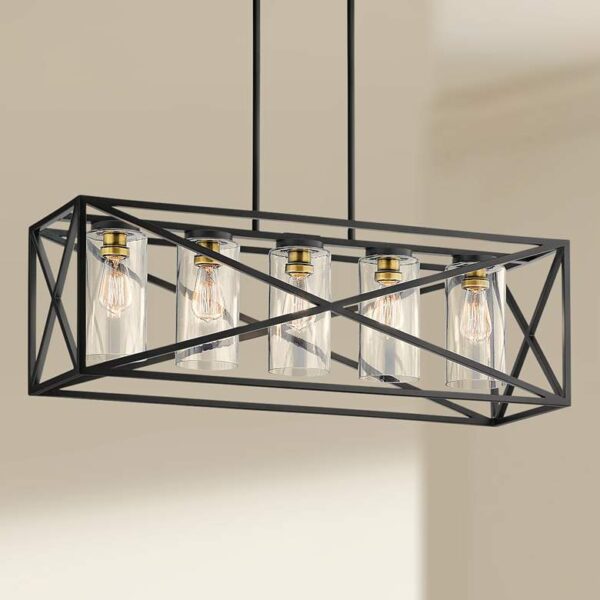 Black pendant light with clear glass shades.