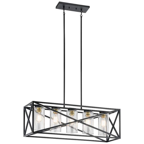 Modern pendant light with black metal frame and clear glass shades