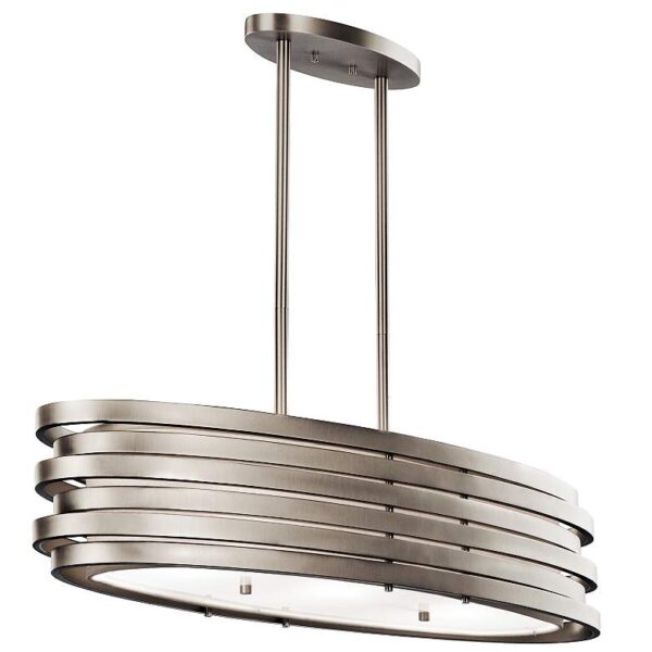 A stainless steel pendant light with a white shade hanging from a chain on a white ceiling. The light has a simple, modern design and is perfect for illuminating a dining room table, kitchen island, or living room space.