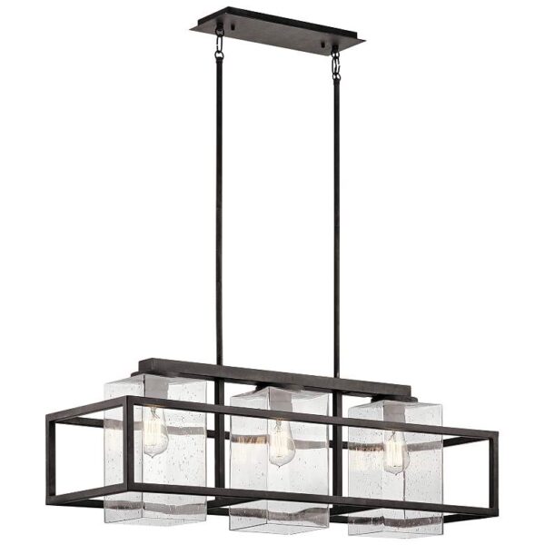 A pendant light with three square glass shades hanging from a chain on a white background.