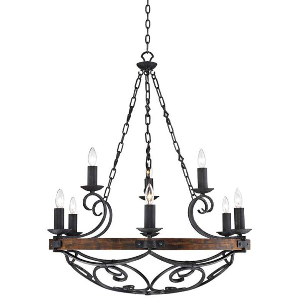 A product image of a Golden Lighting Madera 9-Light Chandelier 1821-9 BI. The chandelier is made of wrought iron and has a wooden base. It is hanging from the ceiling in a living room. The chandelier has nine lights, each with a candle sleeve shade.