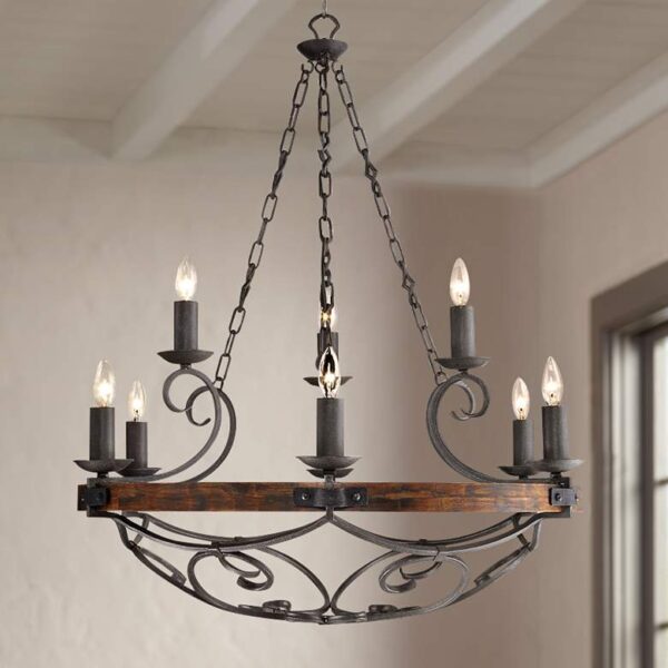 A product image of a Golden Lighting Madera 9-Light Chandelier 1821-9 BI. The chandelier is made of wrought iron and has a wooden base. It is hanging from the ceiling in a living room