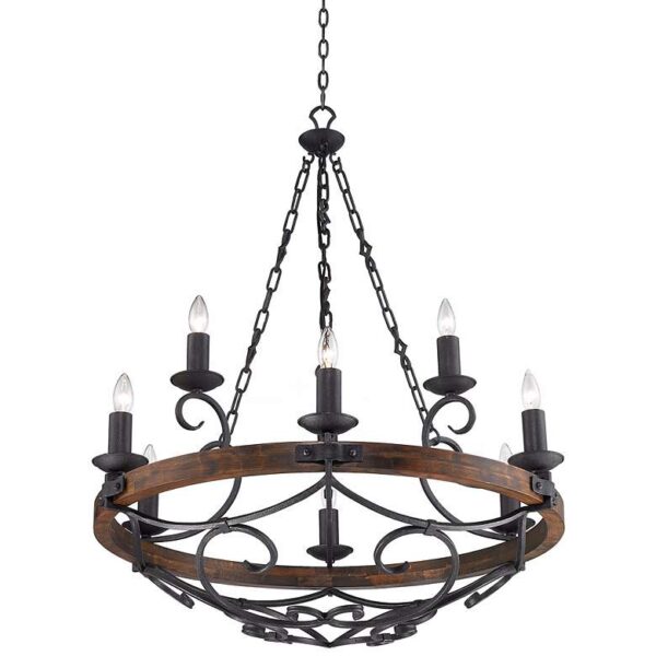 A product image of a wrought iron and wood chandelier with candles hanging from a chain on a white background.