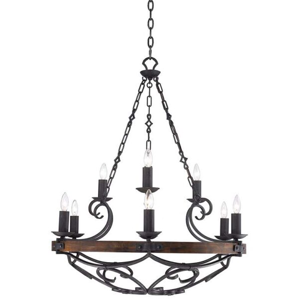 A product image of a Golden Lighting Madera 9-Light Chandelier 1821-9 BI. The chandelier is made of wrought iron and has a wooden base. It is hanging from the ceiling in a living room. The chandelier has nine lights, each with a candle sleeve shade. The candles are not lit.