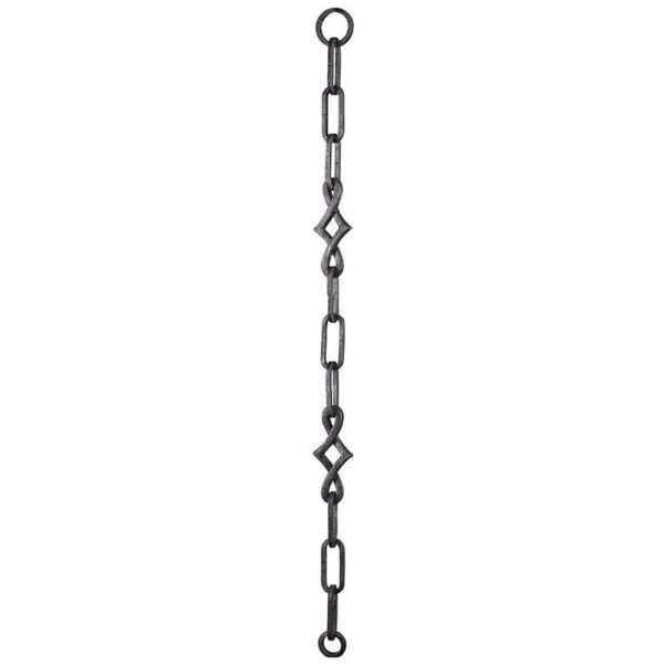 A product image of a long black chain hanging from a hook. The chain is made of metal and has a geometric design. It is hanging against a white background.