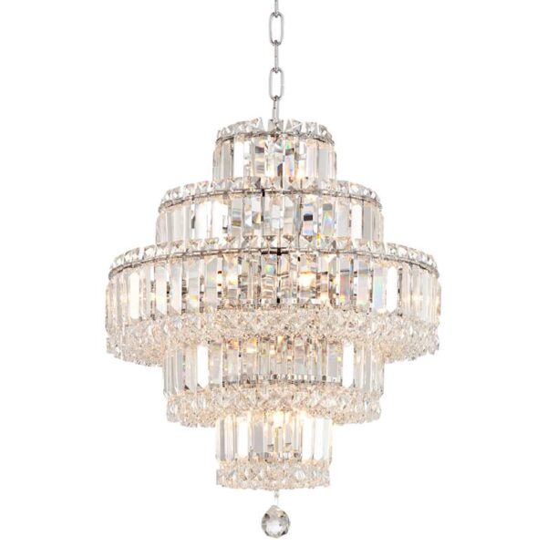 A chandelier made of crystals hanging from a chain from the ceiling. The chandelier has a round base and is made up of many small crystals. The crystals are arranged in a symmetrical pattern.