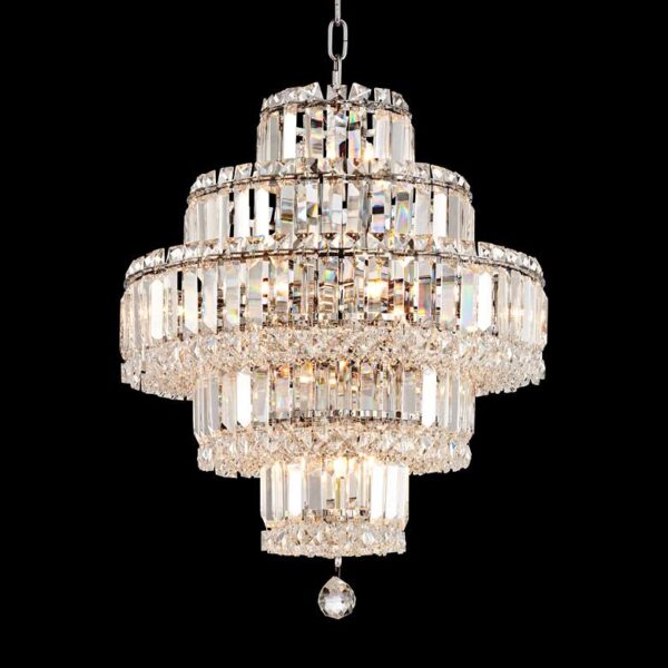 A close-up of a chrome chandelier with clear crystal accents. The chandelier has a round base and is made up of many small crystals. The crystals are arranged in a symmetrical pattern.