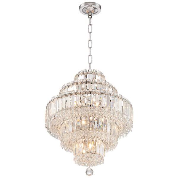 A large chandelier made of crystals hanging from a chain from the ceiling. The chandelier has a round base and is made up of many small crystals. The crystals are arranged in a symmetrical pattern.