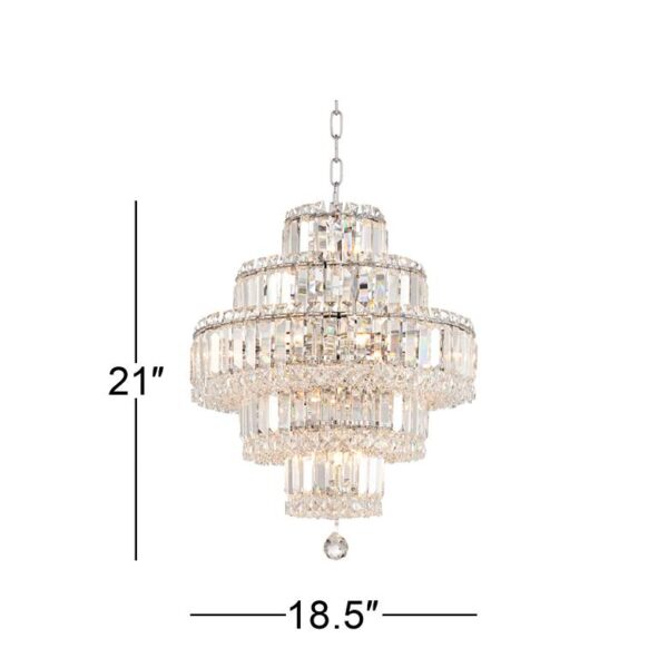 A product image of a chandelier with the dimensions of 21 inches wide and 18.5 inches high. The chandelier is made of crystals and has a round base.