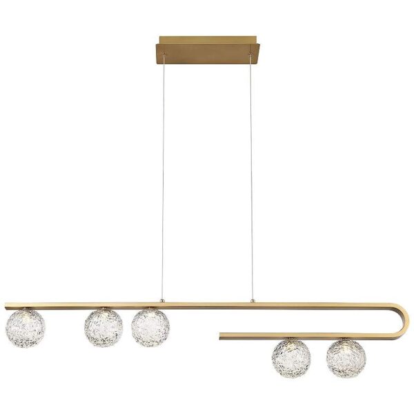 A picture of a hanging light fixture with clear glass balls. The light fixture is made of metal and has a modern design.