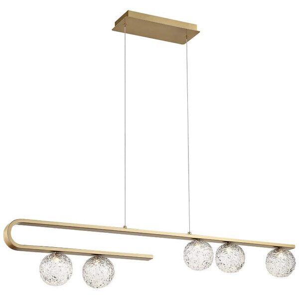 A pendant light with three clear glass balls hanging from it on a white background.