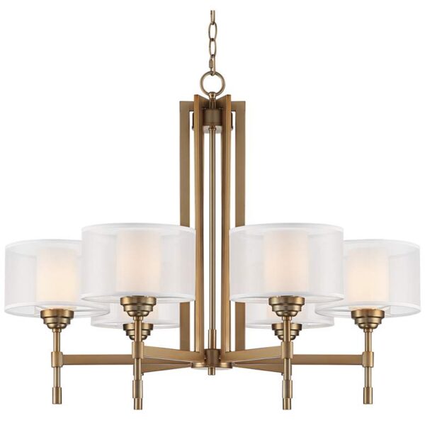 Brass chandelier with white shades.