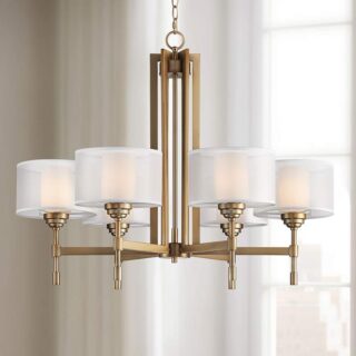 Antique brass chandelier with white shades.