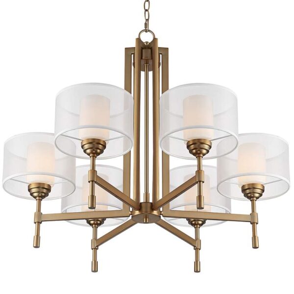 A brass chandelier with six white shades hanging from the ceiling. The chandelier is suspended from a chain and has a decorative finial at the top.