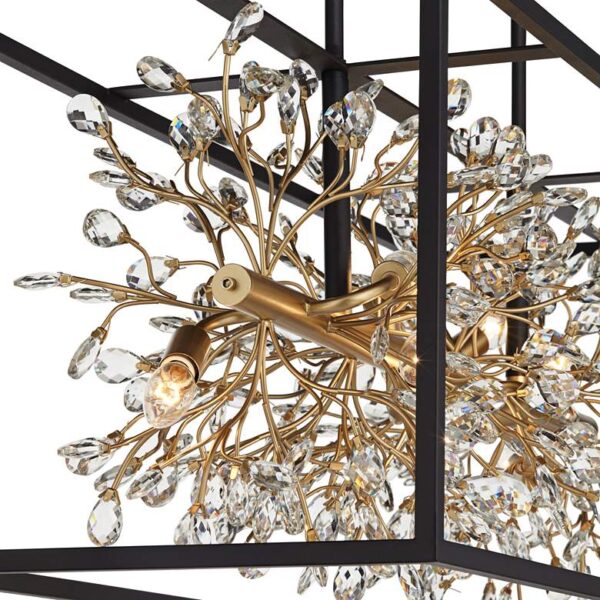 A close up of a chandelier with clear crystals and a black frame on a white background.