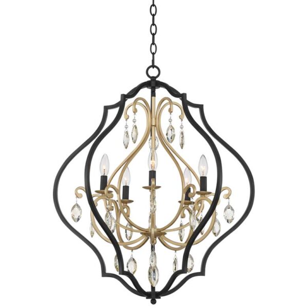 A black and gold chandelier with clear crystals hanging from the ceiling.