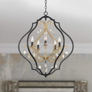 A black and gold chandelier with clear crystals hanging from the ceiling. The chandelier has a round shape and is made of metal and glass.