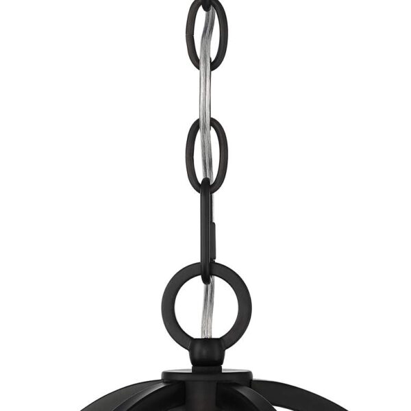 A close-up of a black pendant light with a chain hanging from it. The light fixture is made of metal and has a glass globe.