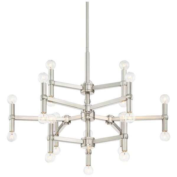 A modern stainless steel chandelier with 24 clear glass shades.