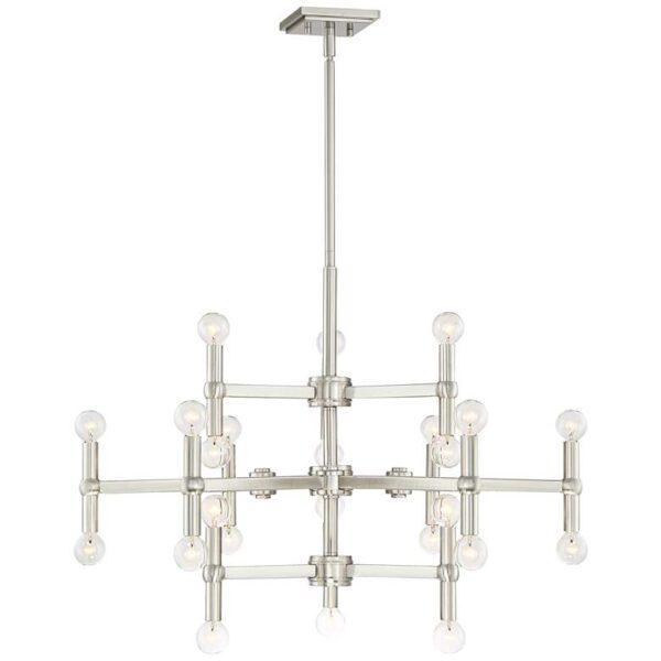 A luxurious stainless steel chandelier with clear glass shades. The chandelier would make a statement in any room.