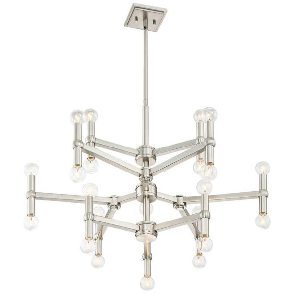 A modern stainless steel chandelier with clear glass shades. The chandelier is perfect for a dining room, living room, or foyer. The image is taken in a white room.