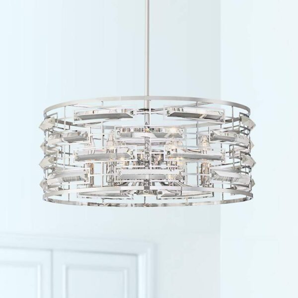 Possini Euro Design Smart Polished Nickel Chandelier 20" Wide Modern Drum Clear Crystal 6-Light Fixture for Dining Room House Foyer Kitchen Island.