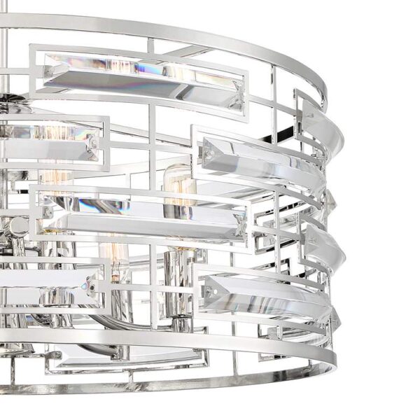 A close-up of a modern chrome crystal chandelier with 6 lights