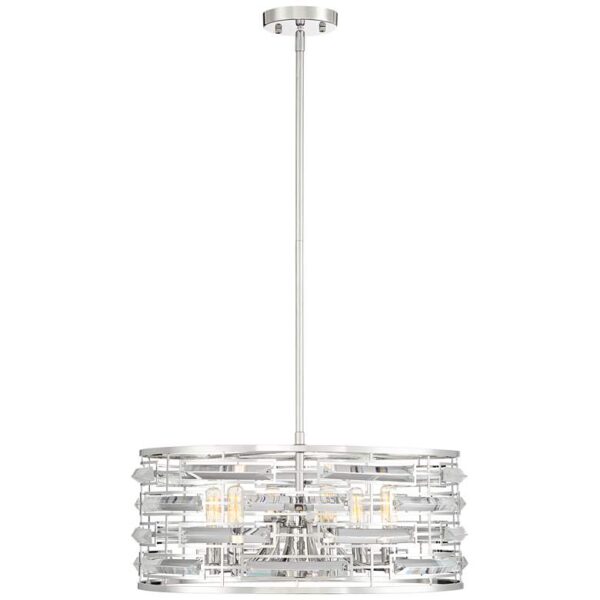 A Possini Euro Design Smart Polished Nickel Chandelier 20" Wide Modern Drum Clear Crystal 6-Light Fixture for Dining Room House Foyer Kitchen Island.