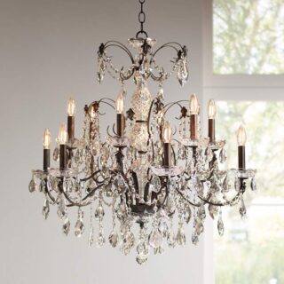 A close-up of a Vienna Full Spectrum Dark Bronze Chandelier 26" Wide Scroll Arm Clear Crystal 6-Light Fixture For Dining Room House Foyer Bedroom hanging from the ceiling.