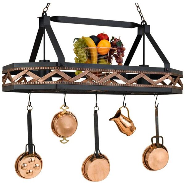 A pot rack with pots and pans hanging from it. The pot rack is made of black metal and has a rustic farmhouse style. The pots and pans are made of various materials, including stainless steel, cast iron, and copper.