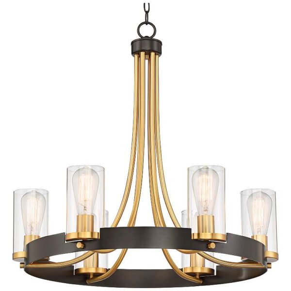 A luxurious chandelier with a black metal frame and clear glass shades, illuminating a room.