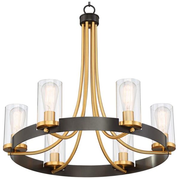 A black and gold chandelier with six clear glass shades.