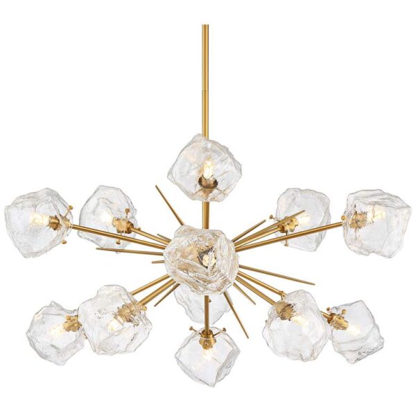 A gold chandelier with clear glass cubes hanging from the ceiling. The chandelier is suspended from a chain and has a decorative finial at the top. Title: Stiffel Melvan Golden Bronze Large Sputnik Pendant Chandelier 36 1/2" Wide Mid Century Modern LED Clear Ice Glass 12-Light Fixture for Dining Room