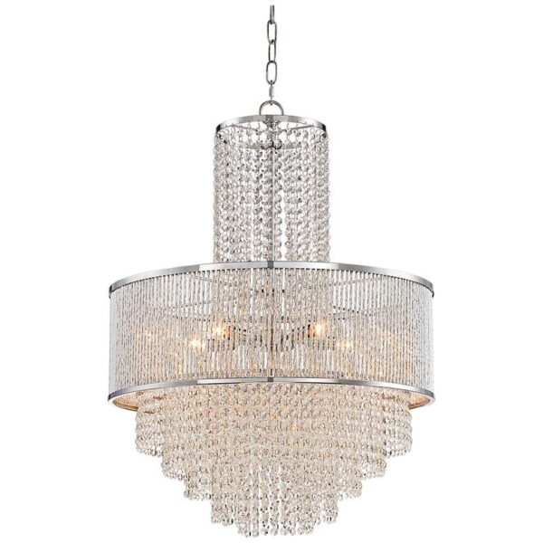 A close up of a Pioggia Chrome 23 1/2 Wide Crystal Chandelier. The chandelier is made of crystals and has a round base. The crystals are arranged in a cascading pattern.