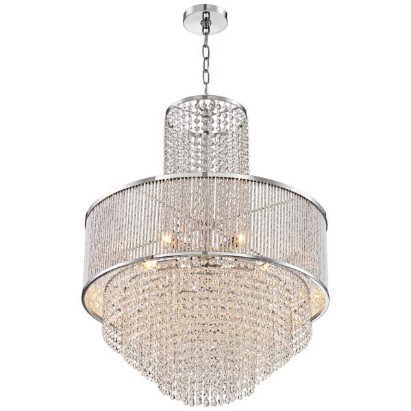 A product image of a Pioggia Chrome 23 1/2 Wide Crystal Chandelier. The chandelier is made of crystals and has a round base. It is hanging from the ceiling in a white room. The crystals are arranged in a cascading pattern and are sparkling in the light. The image is close-up, focusing on the crystals.